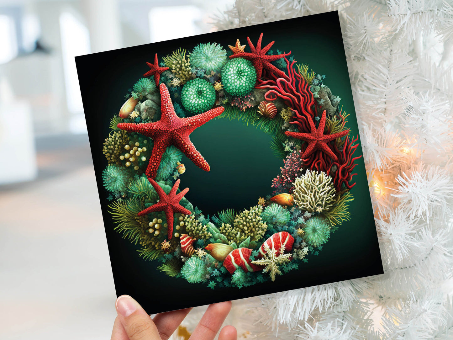 Coral Reef Christmas Card Funny Festive Wreath Pun Starfish Seaweed Sea Life Urchins Red Green Greetings Cards For Family Friends Xmas 2023