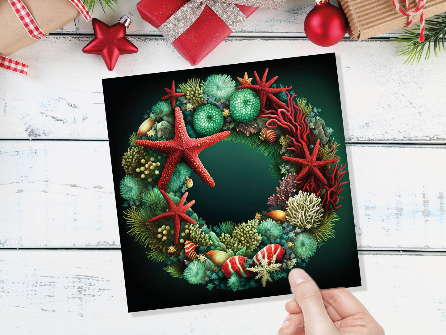 Coral Reef Christmas Card Funny Festive Wreath Pun Starfish Seaweed Sea Life Urchins Red Green Greetings Cards For Family Friends Xmas 2023