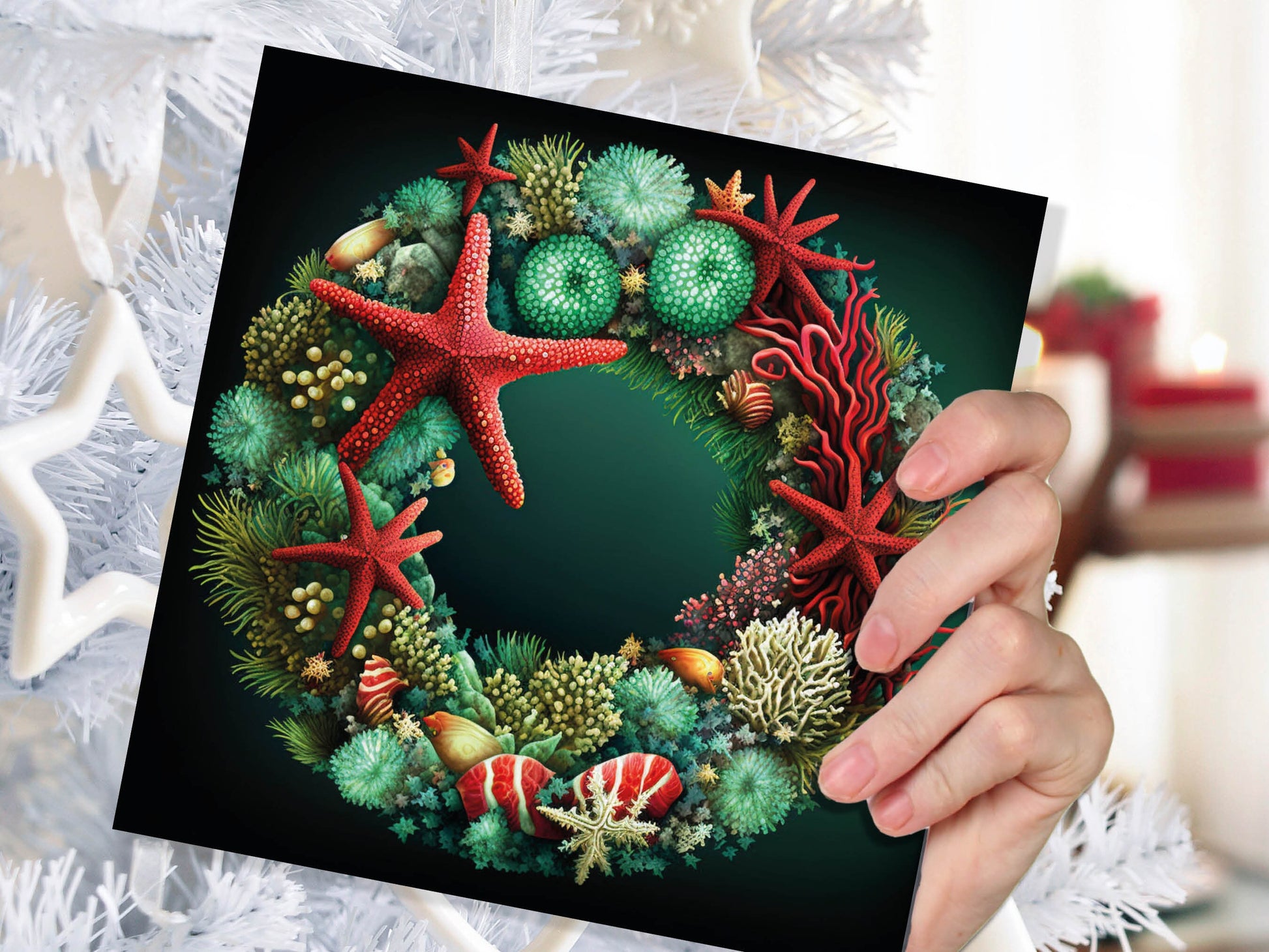 Coral Reef Christmas Card Funny Festive Wreath Pun Starfish Seaweed Sea Life Urchins Red Green Greetings Cards For Family Friends Xmas 2023