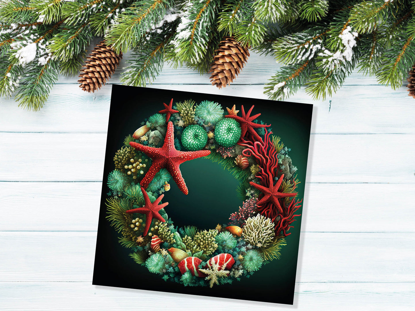 Coral Reef Christmas Card Funny Festive Wreath Pun Starfish Seaweed Sea Life Urchins Red Green Greetings Cards For Family Friends Xmas 2023