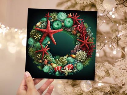 Coral Reef Christmas Card Funny Festive Wreath Pun Starfish Seaweed Sea Life Urchins Red Green Greetings Cards For Family Friends Xmas 2023