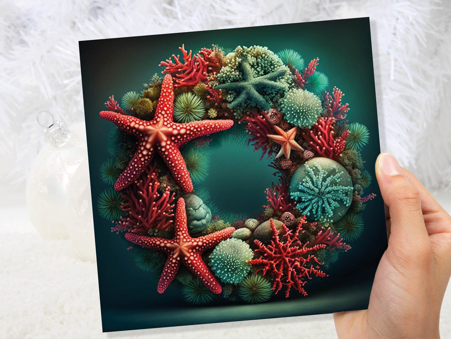 Ocean Coral Reef Christmas Card Festive Wreath Pun Funny Starfish Seaweed Sea Life Red Green Greetings Cards For Family Friends Xmas 2023