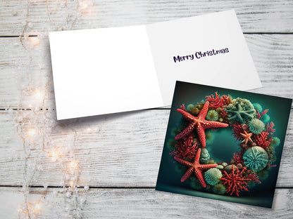 Ocean Coral Reef Christmas Card Festive Wreath Pun Funny Starfish Seaweed Sea Life Red Green Greetings Cards For Family Friends Xmas 2023