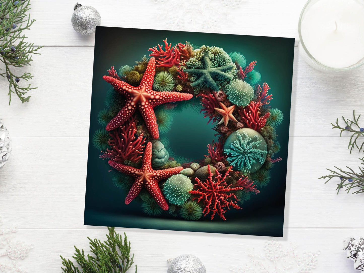 Ocean Coral Reef Christmas Card Festive Wreath Pun Funny Starfish Seaweed Sea Life Red Green Greetings Cards For Family Friends Xmas 2023