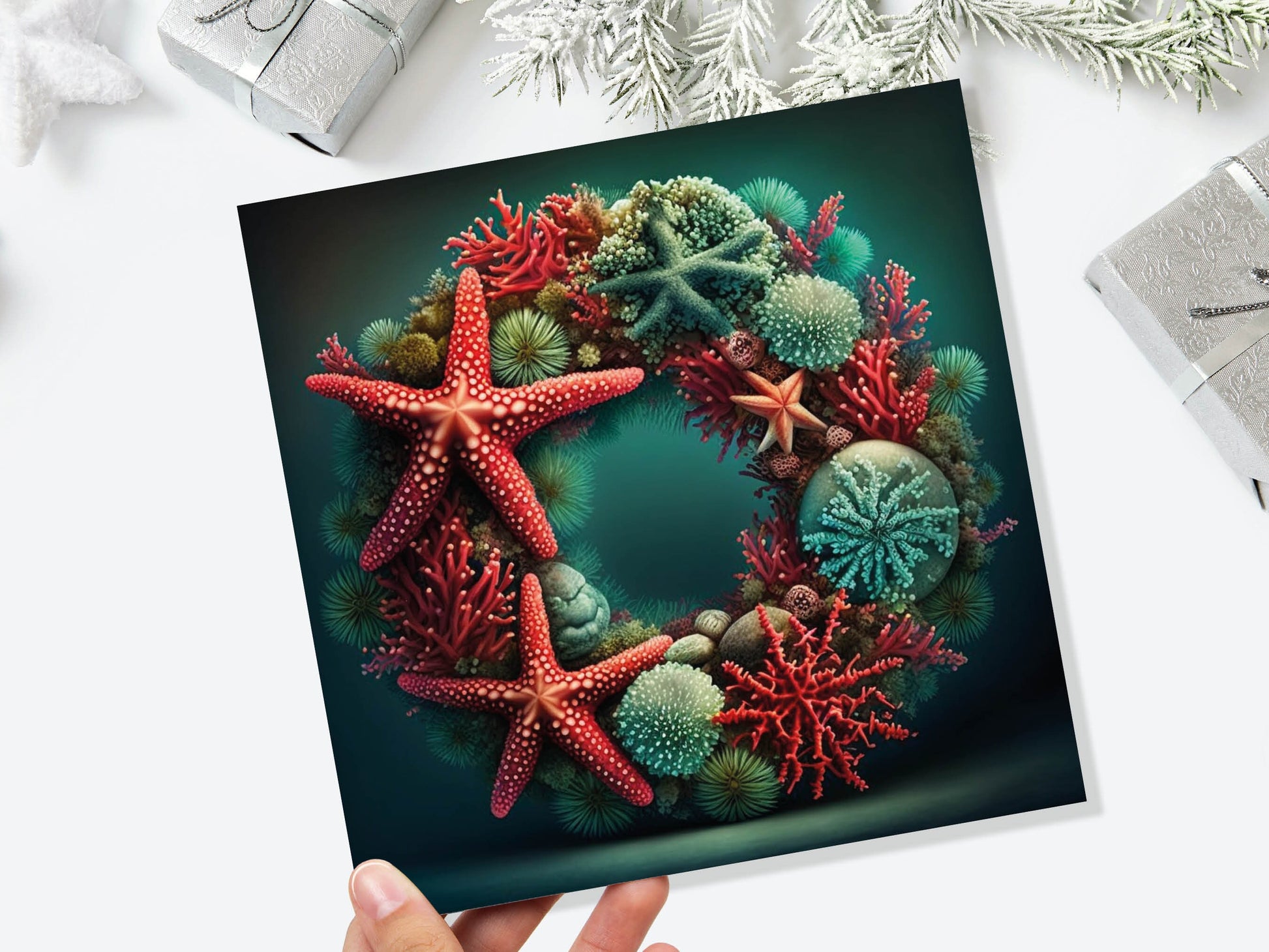 Ocean Coral Reef Christmas Card Festive Wreath Pun Funny Starfish Seaweed Sea Life Red Green Greetings Cards For Family Friends Xmas 2023