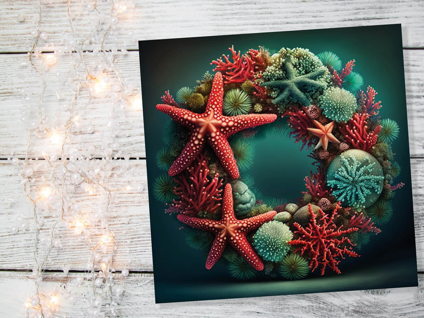 Ocean Coral Reef Christmas Card Festive Wreath Pun Funny Starfish Seaweed Sea Life Red Green Greetings Cards For Family Friends Xmas 2023