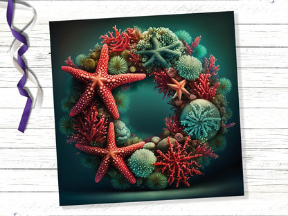 Ocean Coral Reef Christmas Card Festive Wreath Pun Funny Starfish Seaweed Sea Life Red Green Greetings Cards For Family Friends Xmas 2023