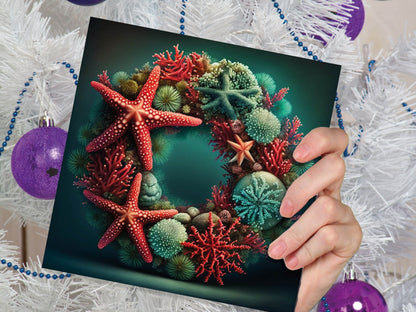 Ocean Coral Reef Christmas Card Festive Wreath Pun Funny Starfish Seaweed Sea Life Red Green Greetings Cards For Family Friends Xmas 2023