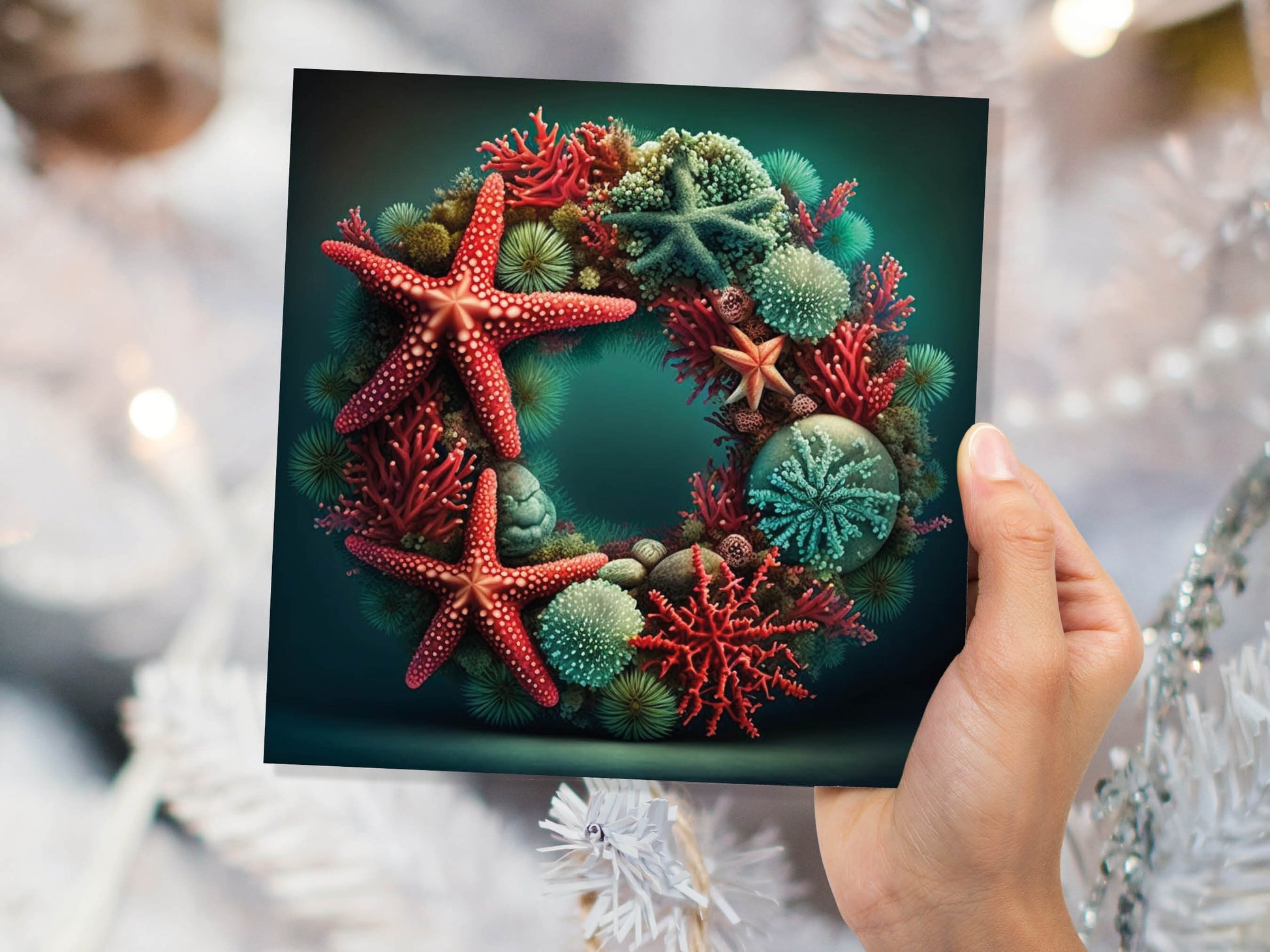 Ocean Coral Reef Christmas Card Festive Wreath Pun Funny Starfish Seaweed Sea Life Red Green Greetings Cards For Family Friends Xmas 2023