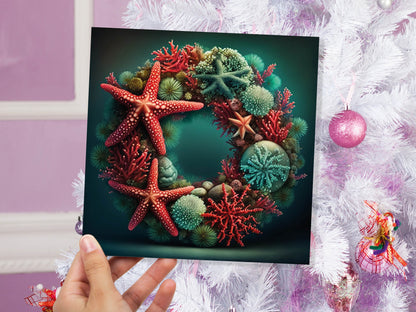 Ocean Coral Reef Christmas Card Festive Wreath Pun Funny Starfish Seaweed Sea Life Red Green Greetings Cards For Family Friends Xmas 2023