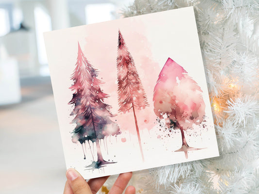 Watercolour Christmas Trees Card Beautiful Pink Messy Painting Splashes Modern Elegant Fir Tree Greetings Cards For Family Friends Xmas 2023