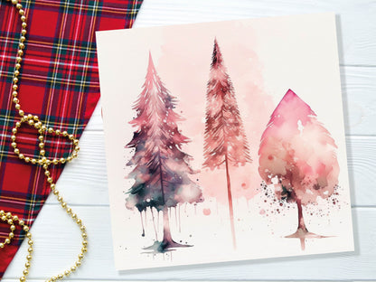 Watercolour Christmas Trees Card Beautiful Pink Messy Painting Splashes Modern Elegant Fir Tree Greetings Cards For Family Friends Xmas 2023