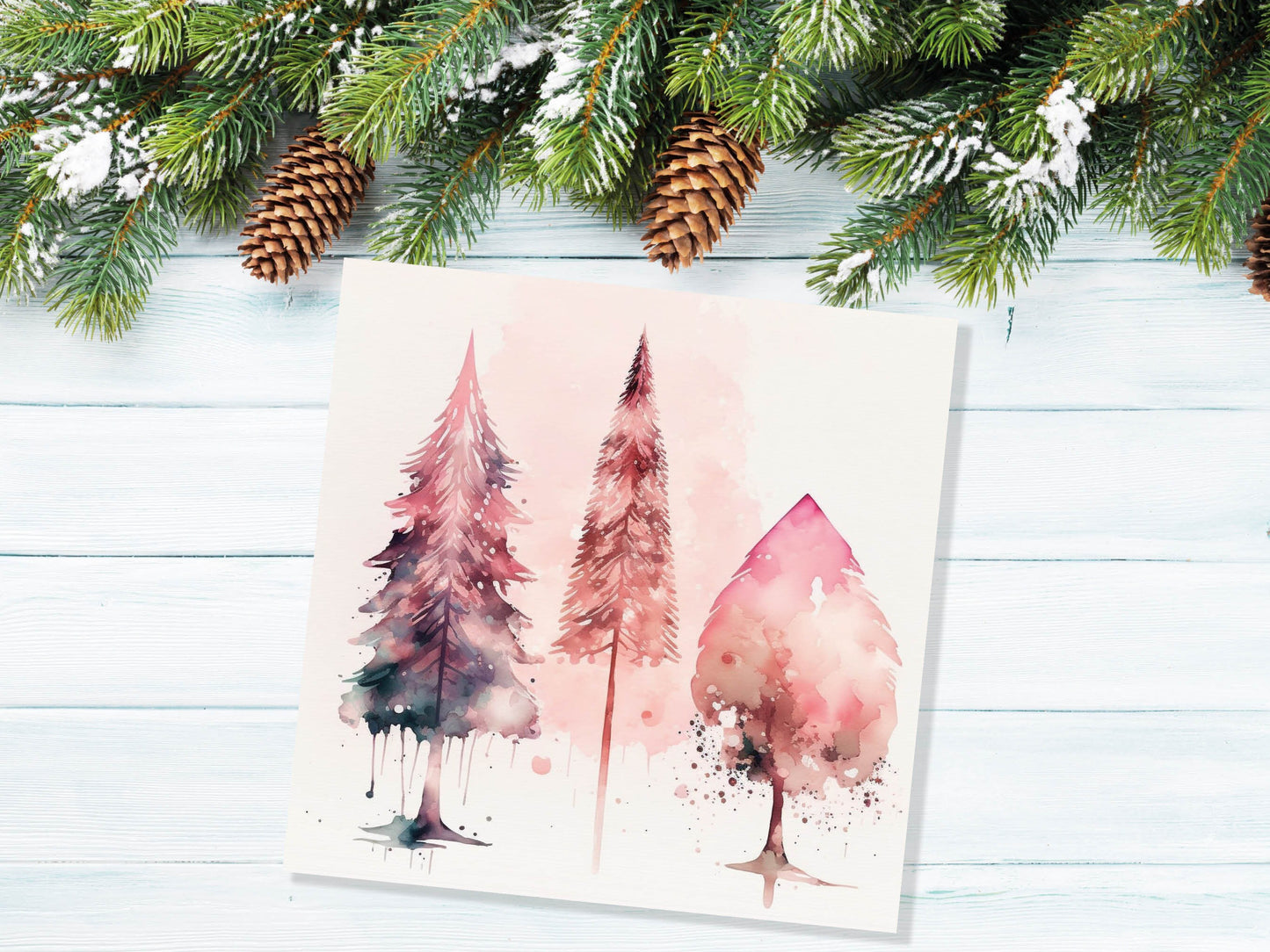 Watercolour Christmas Trees Card Beautiful Pink Messy Painting Splashes Modern Elegant Fir Tree Greetings Cards For Family Friends Xmas 2023