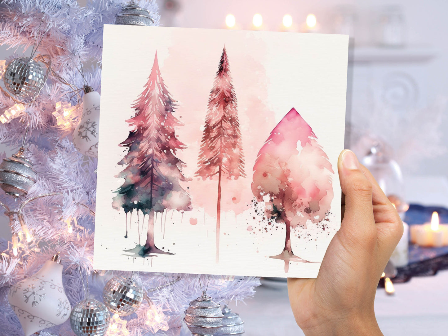 Watercolour Christmas Trees Card Beautiful Pink Messy Painting Splashes Modern Elegant Fir Tree Greetings Cards For Family Friends Xmas 2023