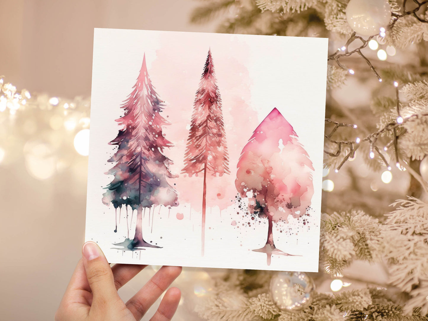 Watercolour Christmas Trees Card Beautiful Pink Messy Painting Splashes Modern Elegant Fir Tree Greetings Cards For Family Friends Xmas 2023