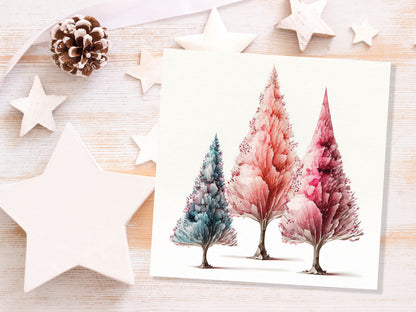 Watercolour Trees Christmas Card Modern Elegant Fir Tree Blue Coral Pink White Simple Painting Greetings Cards For Family Friends Xmas 2023