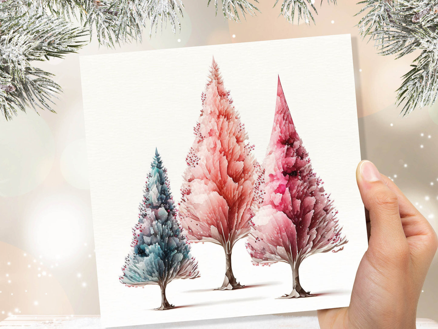 Watercolour Trees Christmas Card Modern Elegant Fir Tree Blue Coral Pink White Simple Painting Greetings Cards For Family Friends Xmas 2023