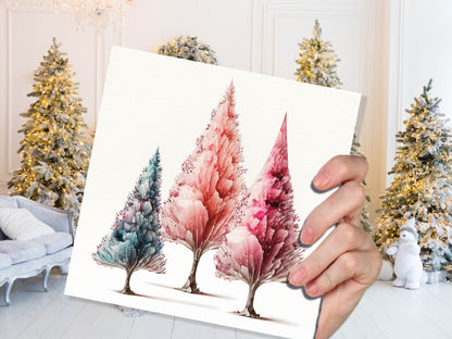 Watercolour Trees Christmas Card Modern Elegant Fir Tree Blue Coral Pink White Simple Painting Greetings Cards For Family Friends Xmas 2023