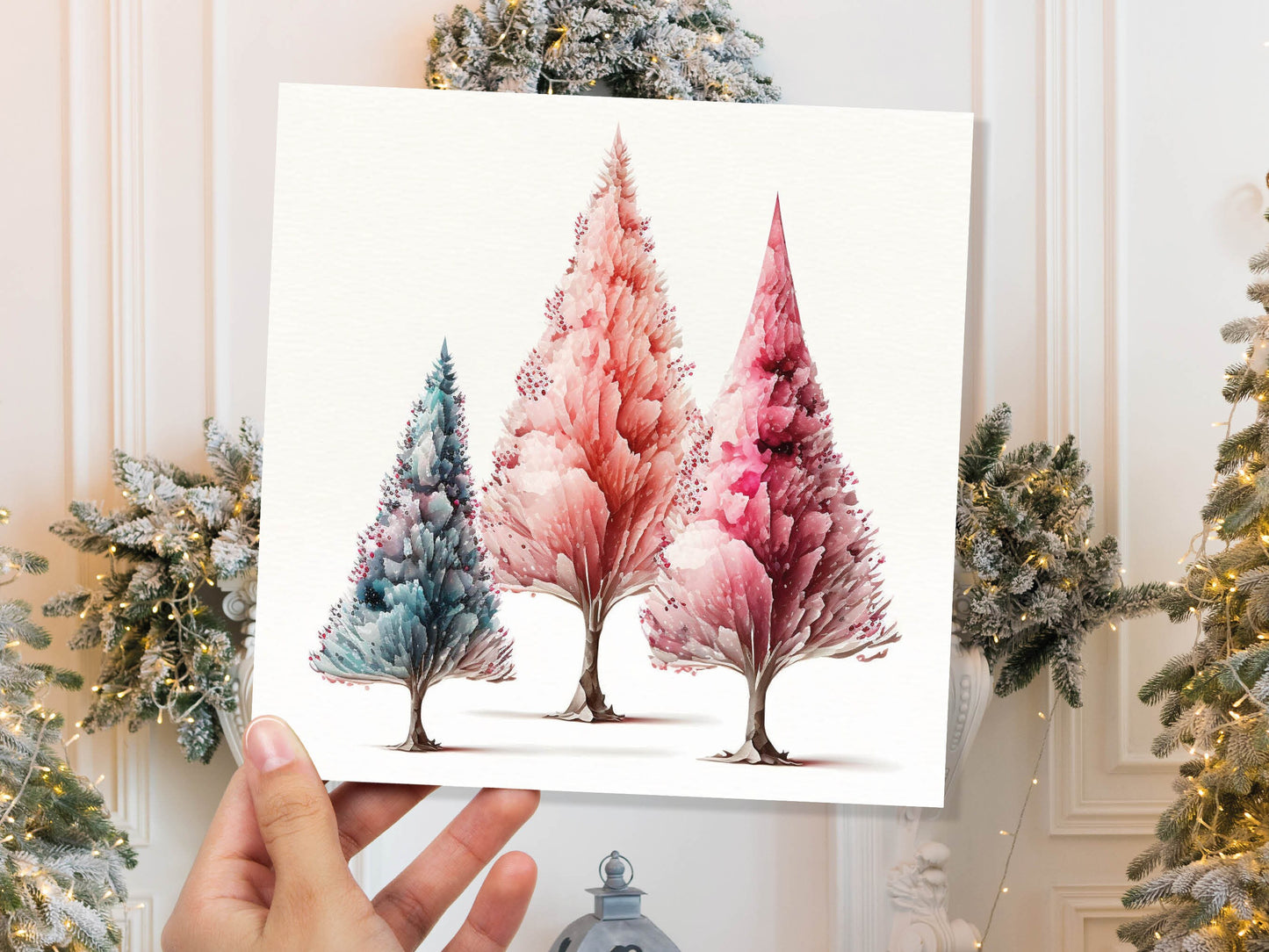 Watercolour Trees Christmas Card Modern Elegant Fir Tree Blue Coral Pink White Simple Painting Greetings Cards For Family Friends Xmas 2023