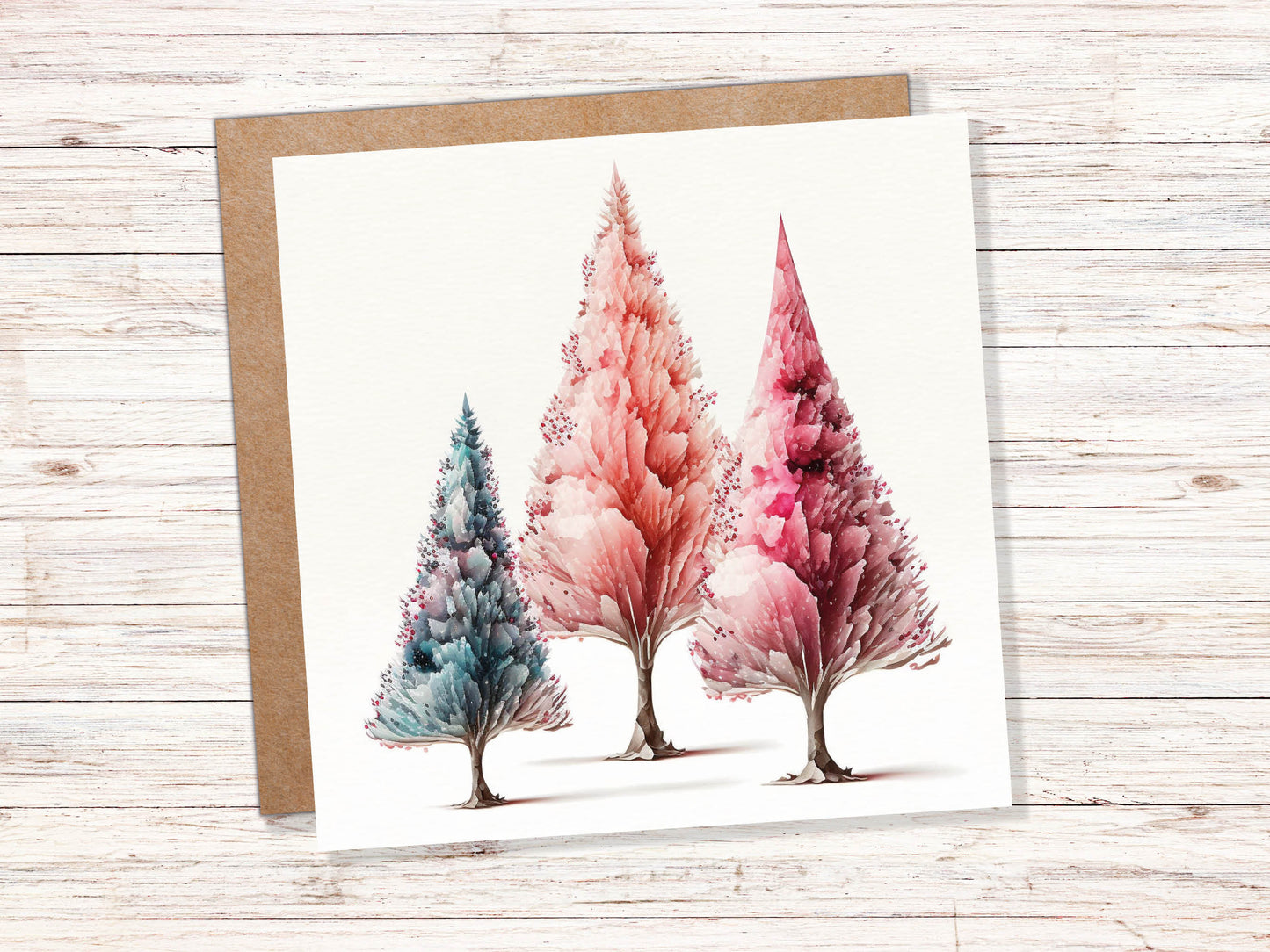 Watercolour Trees Christmas Card Modern Elegant Fir Tree Blue Coral Pink White Simple Painting Greetings Cards For Family Friends Xmas 2023