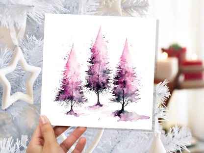 Purple Watercolour Trees Christmas Card Modern Elegant Fir Tree Pink White Simple Ink Painting Greetings Cards For Family Friends Xmas 2023