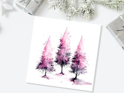 Purple Watercolour Trees Christmas Card Modern Elegant Fir Tree Pink White Simple Ink Painting Greetings Cards For Family Friends Xmas 2023