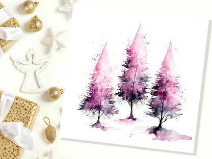 Purple Watercolour Trees Christmas Card Modern Elegant Fir Tree Pink White Simple Ink Painting Greetings Cards For Family Friends Xmas 2023