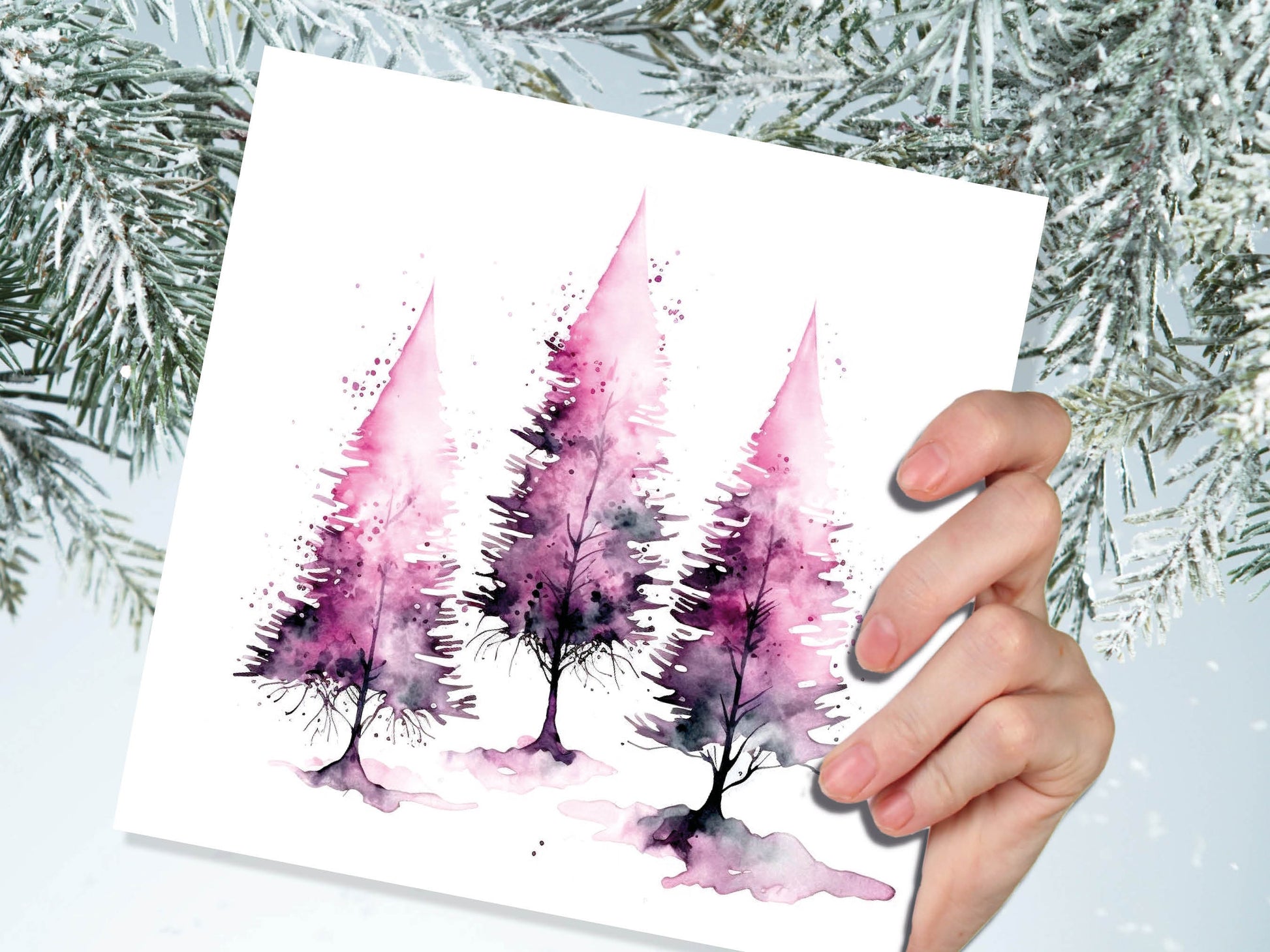 Purple Watercolour Trees Christmas Card Modern Elegant Fir Tree Pink White Simple Ink Painting Greetings Cards For Family Friends Xmas 2023