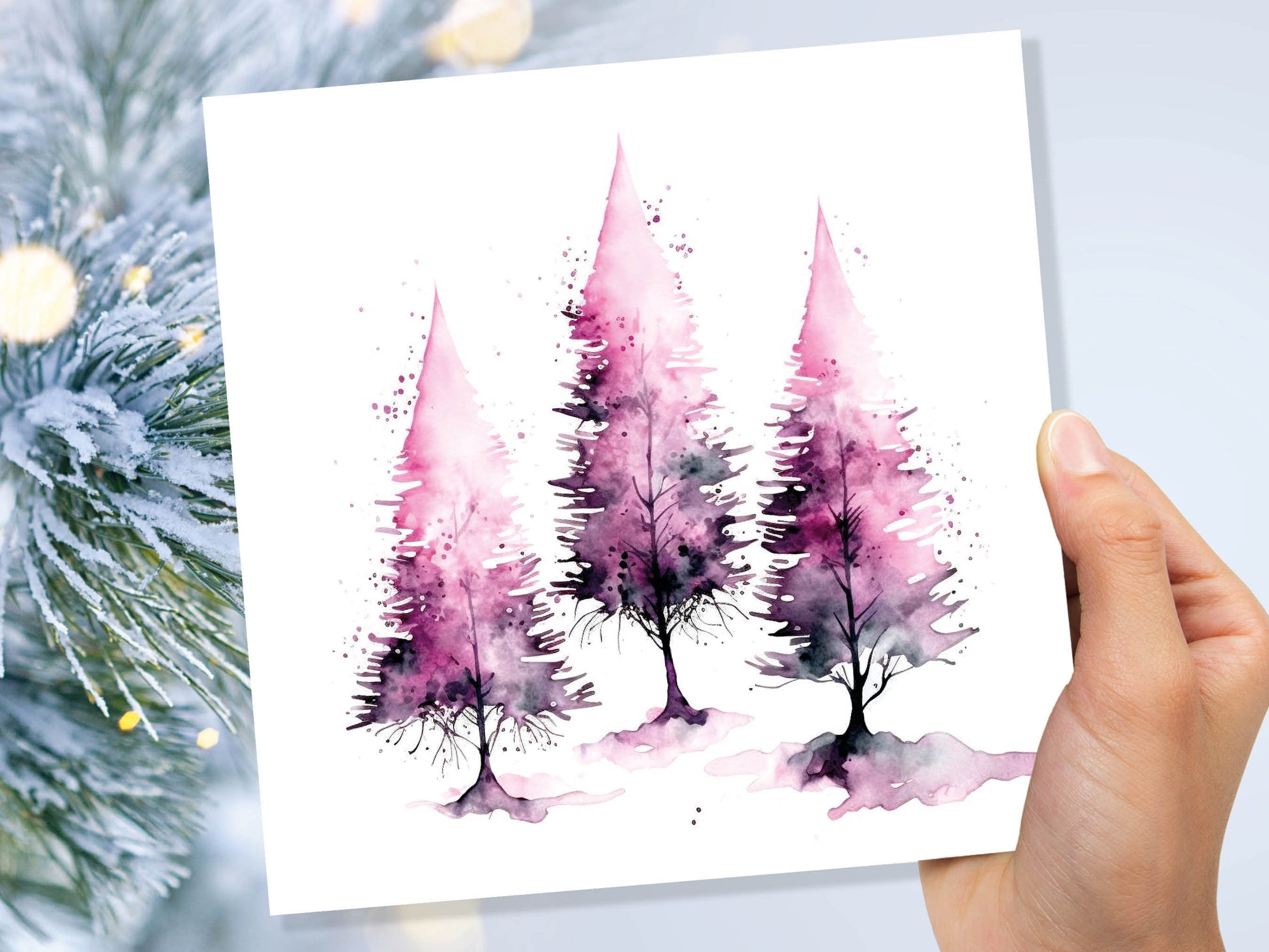 Purple Watercolour Trees Christmas Card Modern Elegant Fir Tree Pink White Simple Ink Painting Greetings Cards For Family Friends Xmas 2023