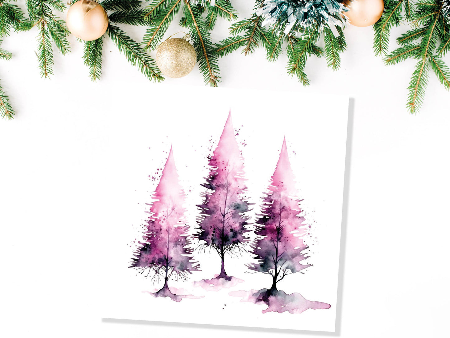 Purple Watercolour Trees Christmas Card Modern Elegant Fir Tree Pink White Simple Ink Painting Greetings Cards For Family Friends Xmas 2023