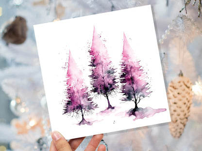 Purple Watercolour Trees Christmas Card Modern Elegant Fir Tree Pink White Simple Ink Painting Greetings Cards For Family Friends Xmas 2023