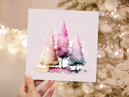 Messy Watercolour Trees Christmas Card Modern Elegant Fir Tree Fairy Lights Rainbow Painting Greetings Cards For Family Friends Xmas 2023