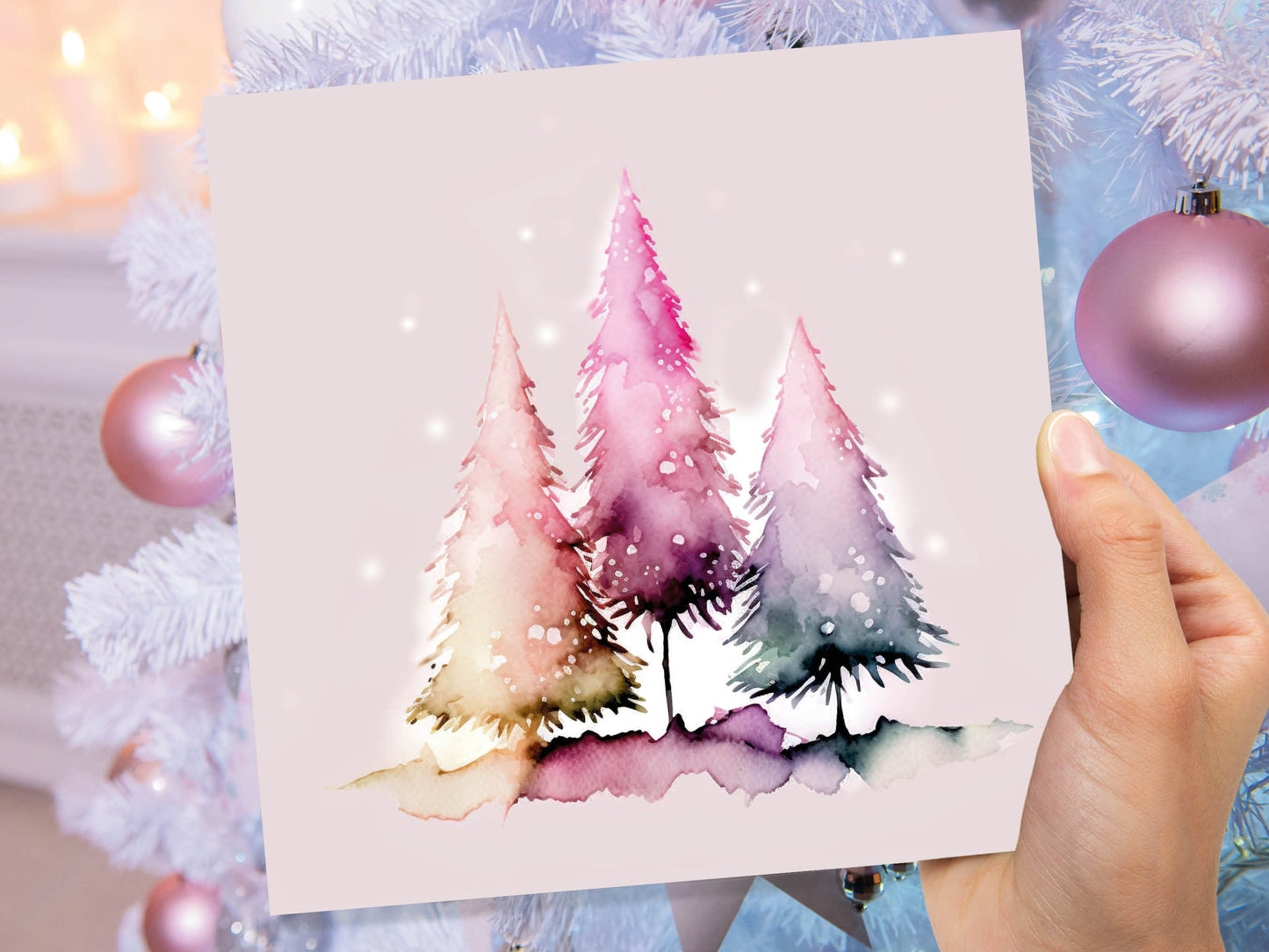 Messy Watercolour Trees Christmas Card Modern Elegant Fir Tree Fairy Lights Rainbow Painting Greetings Cards For Family Friends Xmas 2023