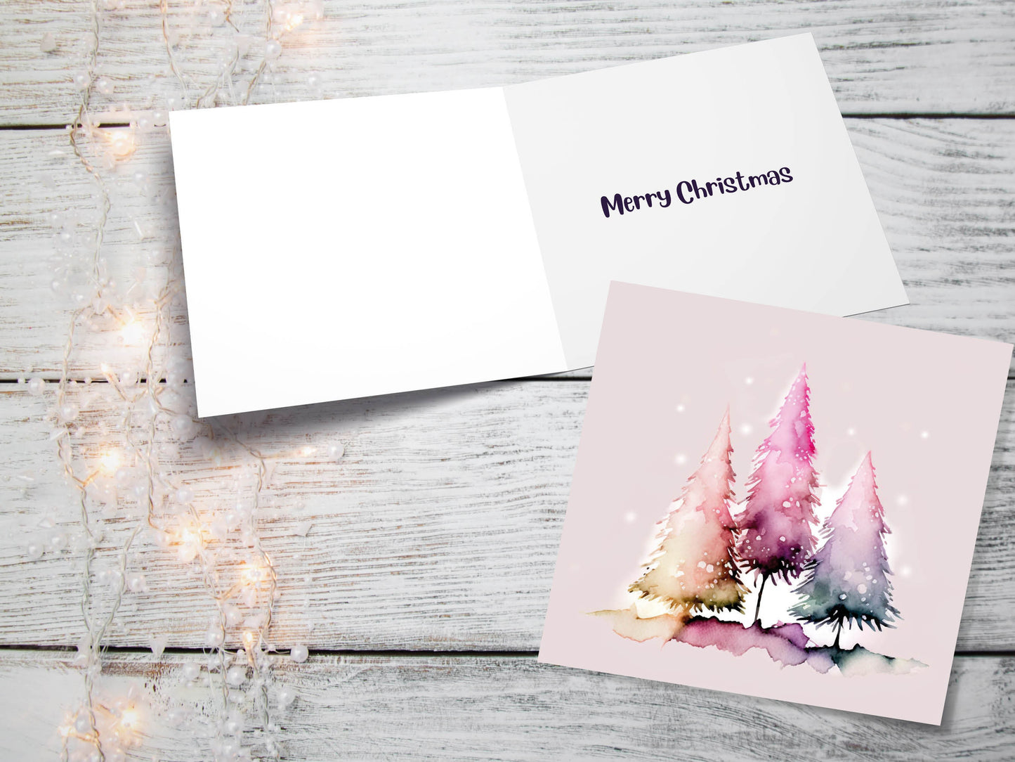 Messy Watercolour Trees Christmas Card Modern Elegant Fir Tree Fairy Lights Rainbow Painting Greetings Cards For Family Friends Xmas 2023