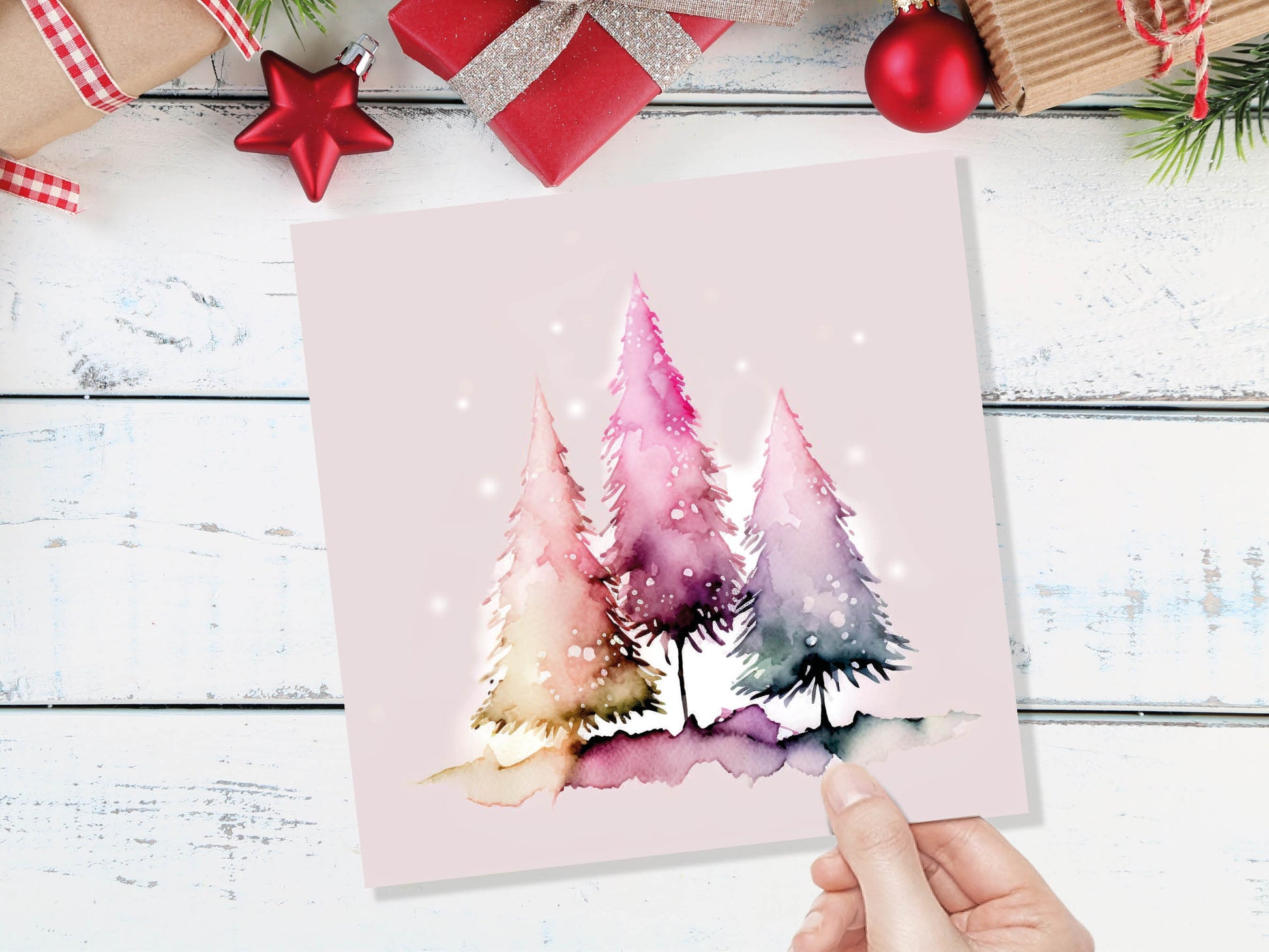 Messy Watercolour Trees Christmas Card Modern Elegant Fir Tree Fairy Lights Rainbow Painting Greetings Cards For Family Friends Xmas 2023