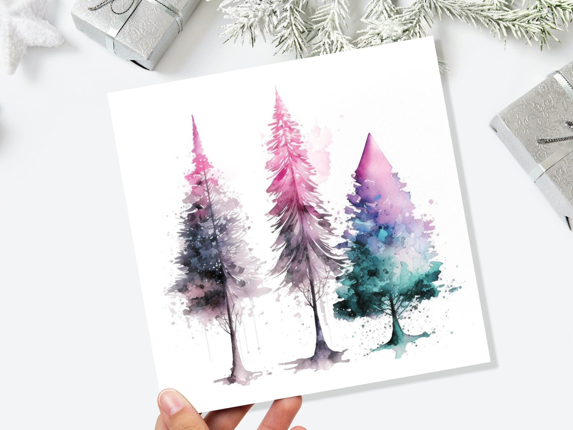 Messy Watercolour Trees Christmas Card Teal Purple Pink Green Modern Elegant Fir Tree Painting Greetings Cards For Family Friends Xmas 2023