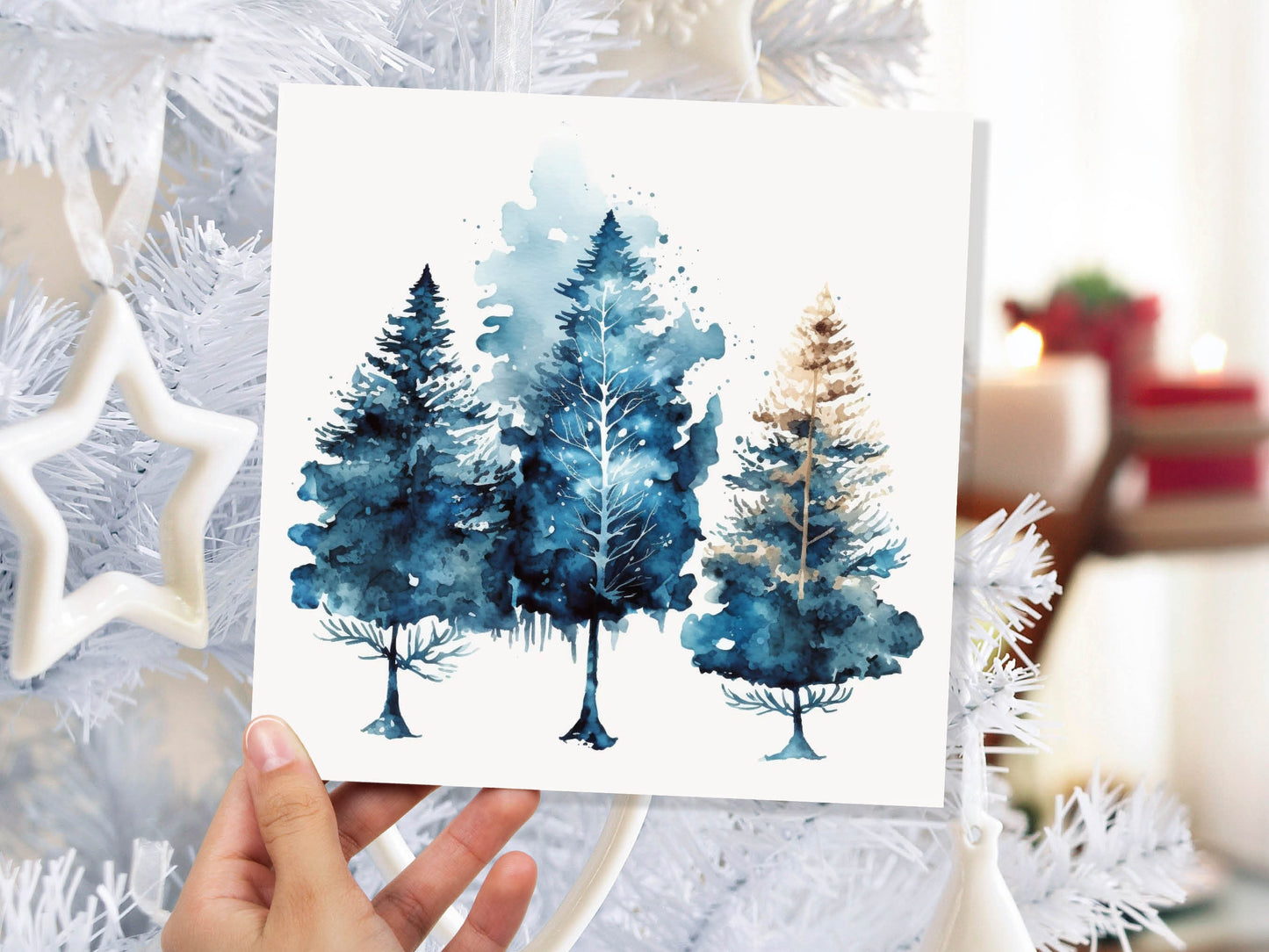 Watercolour Trees Christmas Card Prussian Blue Modern Elegant Fir Tree Messy Painting Simple Greetings Cards For Family Friends Xmas 2023