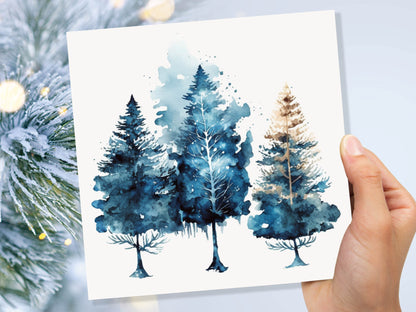 Watercolour Trees Christmas Card Prussian Blue Modern Elegant Fir Tree Messy Painting Simple Greetings Cards For Family Friends Xmas 2023