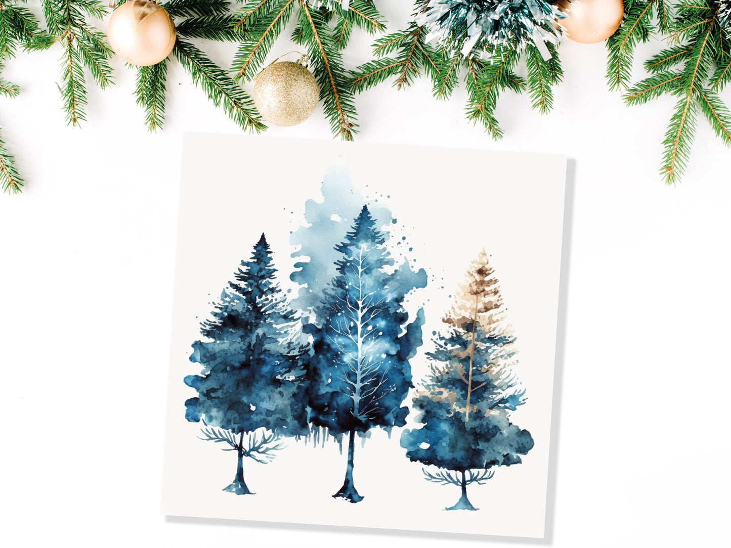 Watercolour Trees Christmas Card Prussian Blue Modern Elegant Fir Tree Messy Painting Simple Greetings Cards For Family Friends Xmas 2023