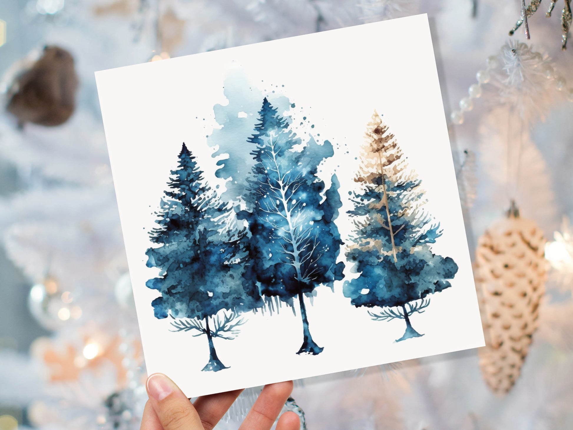 Watercolour Trees Christmas Card Prussian Blue Modern Elegant Fir Tree Messy Painting Simple Greetings Cards For Family Friends Xmas 2023