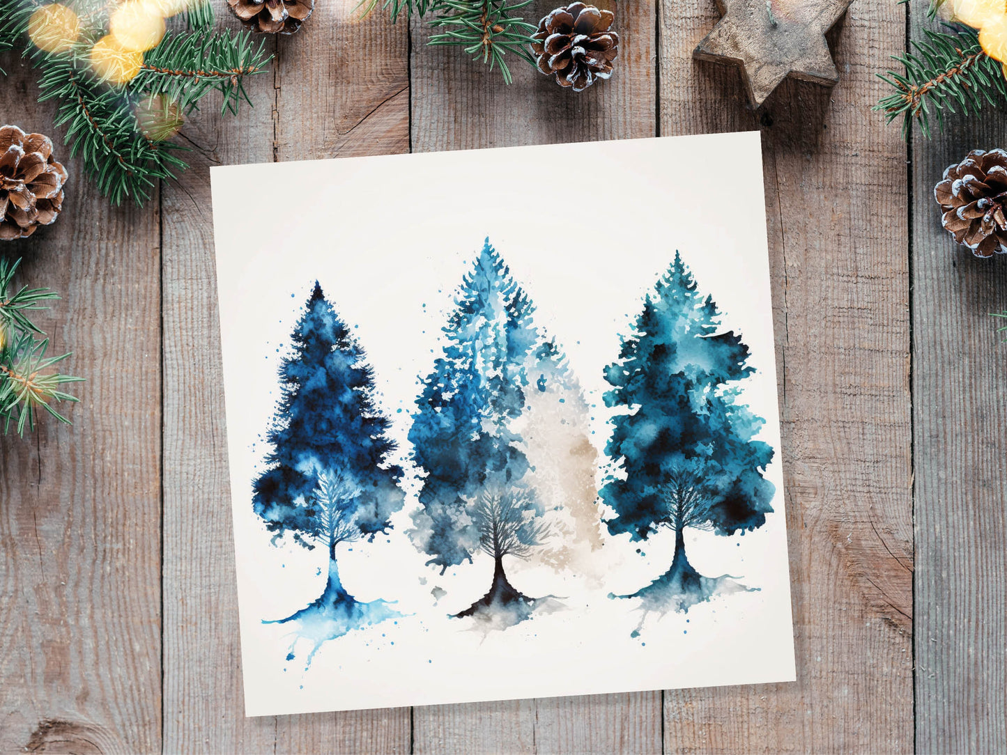 Blue Christmas Trees Card Modern Watercolour Elegant Prussian Fir Tree Messy Painting Style Greetings Cards For Family Friends Xmas 2023