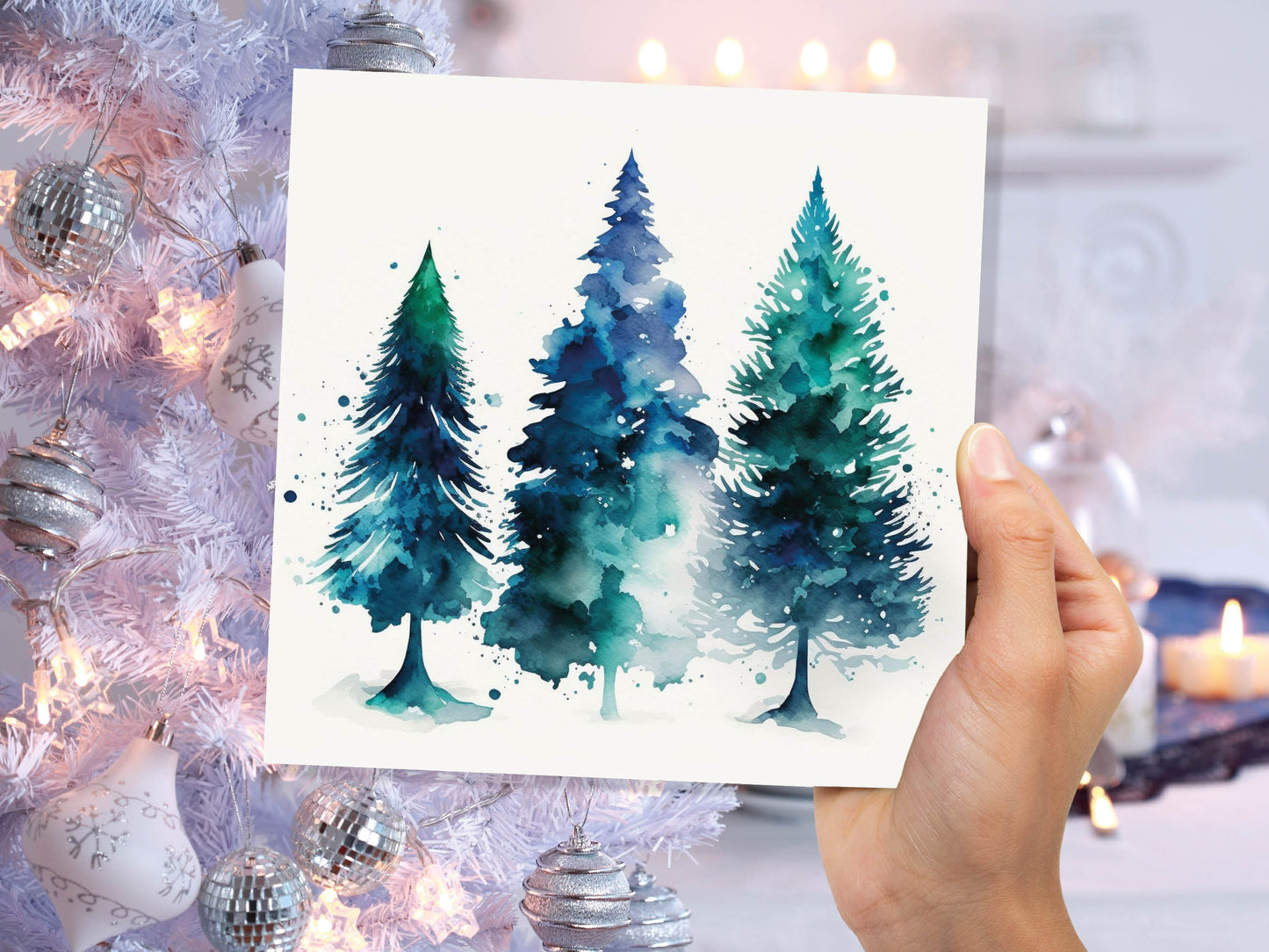 Blue & Green Watercolour Christmas Trees Card Modern Elegant Prussian Fir Tree Messy Painting Greetings Cards For Family Friends Xmas 2023