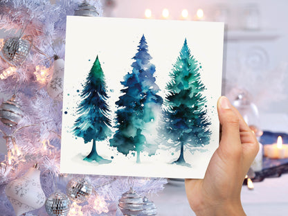 Blue & Green Watercolour Christmas Trees Card Modern Elegant Prussian Fir Tree Messy Painting Greetings Cards For Family Friends Xmas 2023