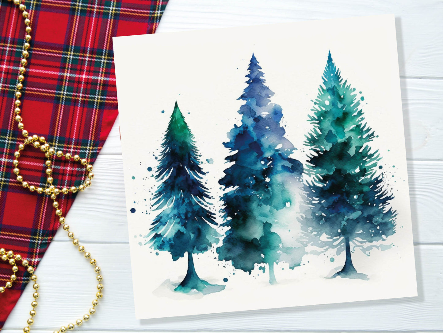 Blue & Green Watercolour Christmas Trees Card Modern Elegant Prussian Fir Tree Messy Painting Greetings Cards For Family Friends Xmas 2023