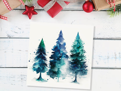 Blue & Green Watercolour Christmas Trees Card Modern Elegant Prussian Fir Tree Messy Painting Greetings Cards For Family Friends Xmas 2023