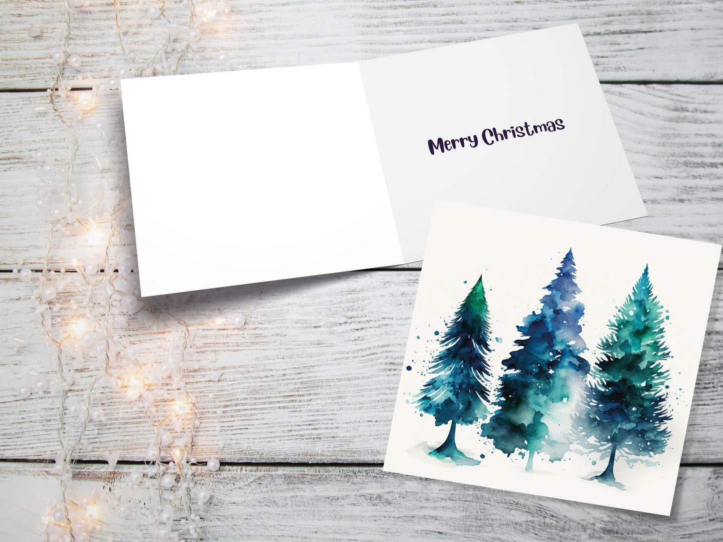 Blue & Green Watercolour Christmas Trees Card Modern Elegant Prussian Fir Tree Messy Painting Greetings Cards For Family Friends Xmas 2023