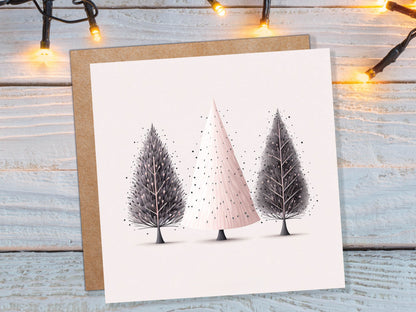 Christmas Trees Illustration Card Modern Elegant Fir Tree Pink Grey White Simple Ink Painting Greetings Cards For Family Friends Xmas 2023