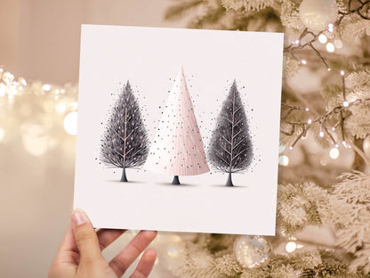 Christmas Trees Illustration Card Modern Elegant Fir Tree Pink Grey White Simple Ink Painting Greetings Cards For Family Friends Xmas 2023