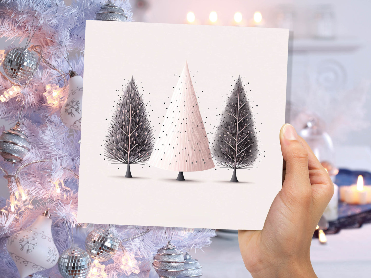 Christmas Trees Illustration Card Modern Elegant Fir Tree Pink Grey White Simple Ink Painting Greetings Cards For Family Friends Xmas 2023