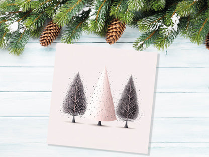 Christmas Trees Illustration Card Modern Elegant Fir Tree Pink Grey White Simple Ink Painting Greetings Cards For Family Friends Xmas 2023